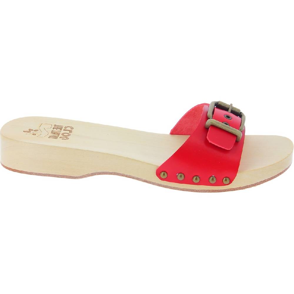 Lartigiano Del Cuoio Zoccoli di legno artigianali da donna con fascia regolabile in pelle rossa I Più Venduti