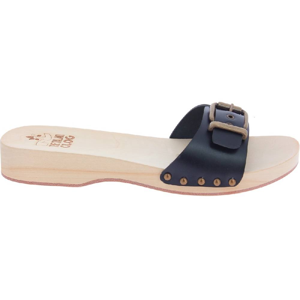 Lartigiano Del Cuoio Zoccoli di legno artigianali da donna con fascia regolabile in pelle nera Negozio