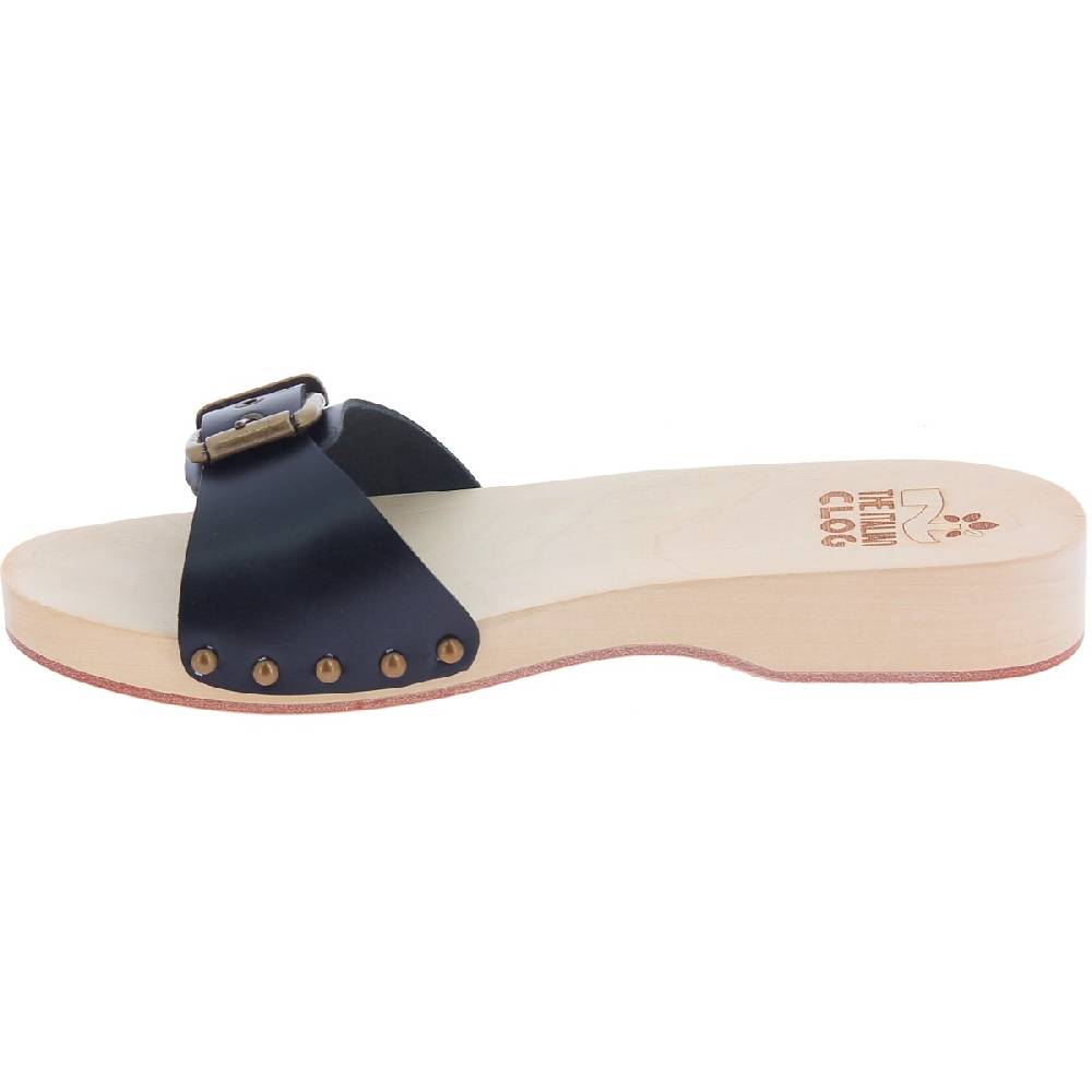 Lartigiano Del Cuoio Zoccoli di legno artigianali da donna con fascia regolabile in pelle nera Negozio