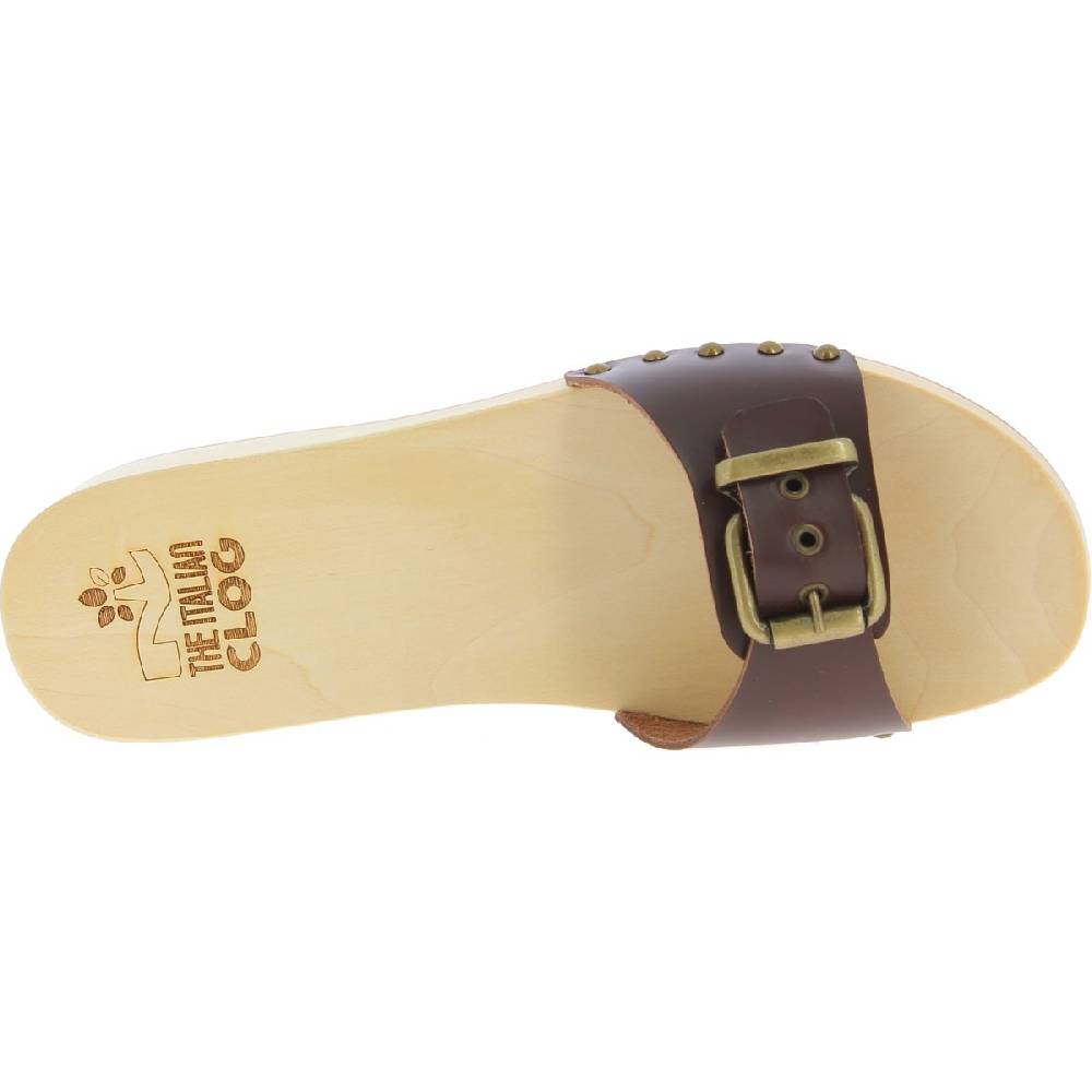 Lartigiano Del Cuoio Zoccoli in legno donna con fascia regolabile in pelle marrone scuro Sconto di tempo limitato