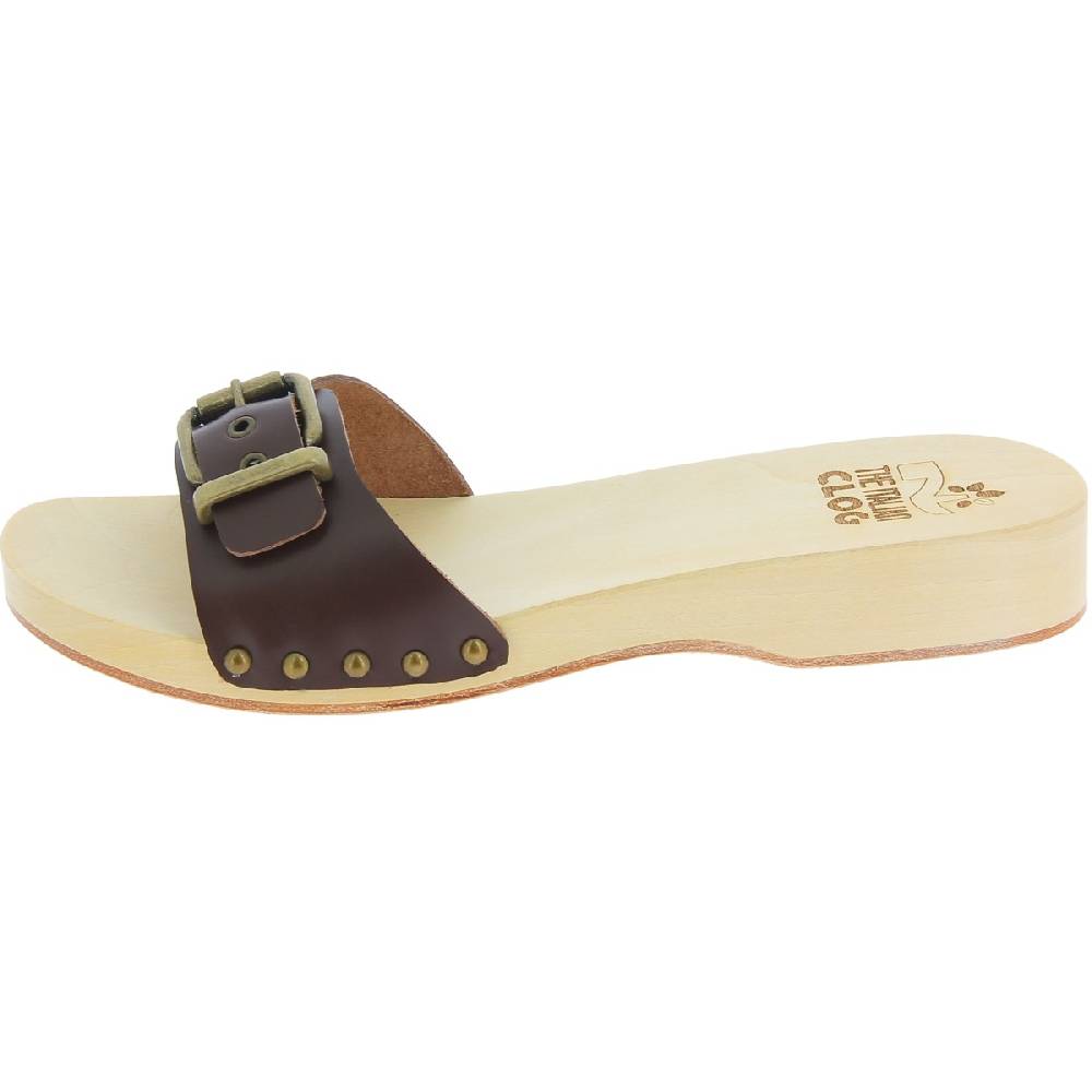 Lartigiano Del Cuoio Zoccoli in legno donna con fascia regolabile in pelle marrone scuro Sconto di tempo limitato