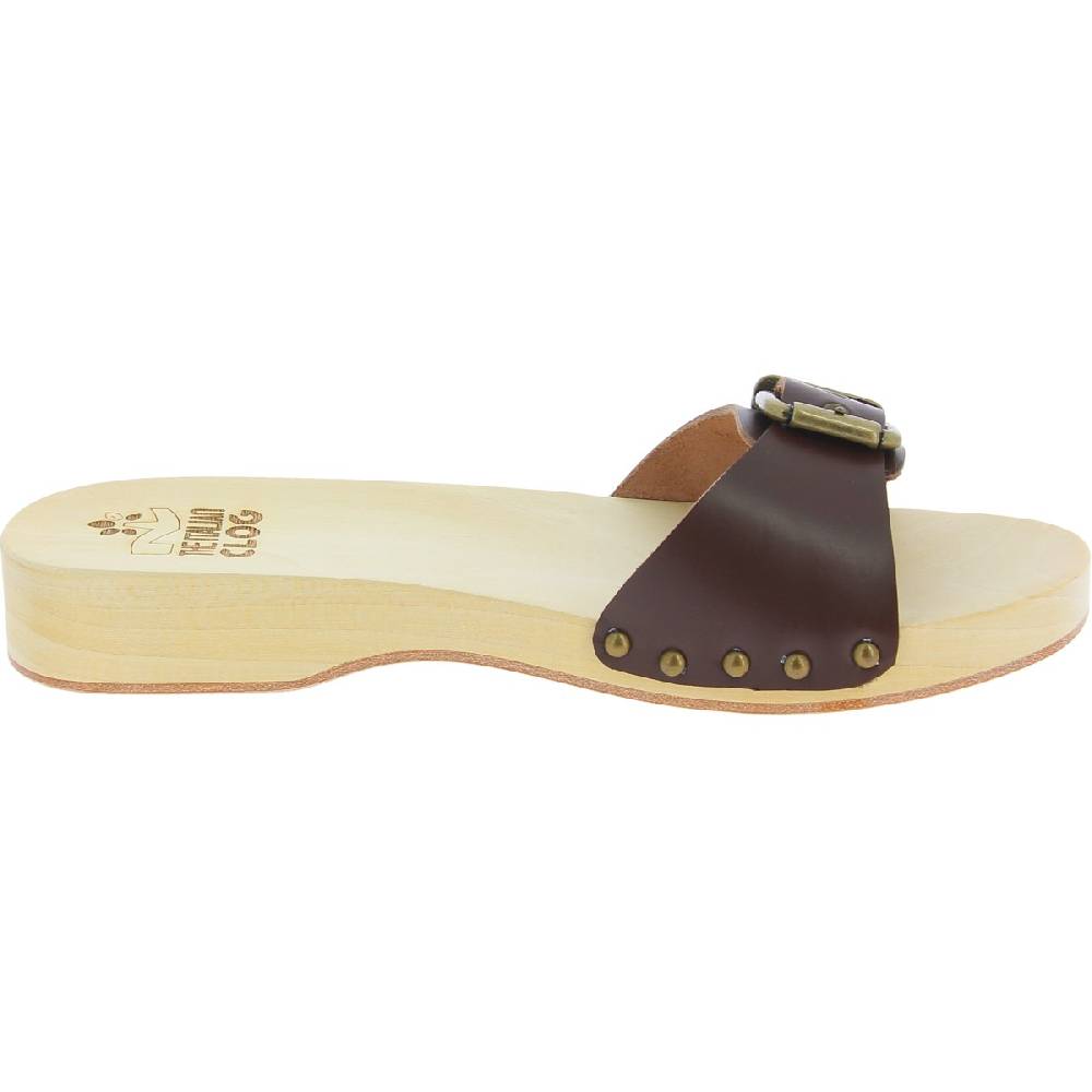 Lartigiano Del Cuoio Zoccoli in legno donna con fascia regolabile in pelle marrone scuro Sconto di tempo limitato