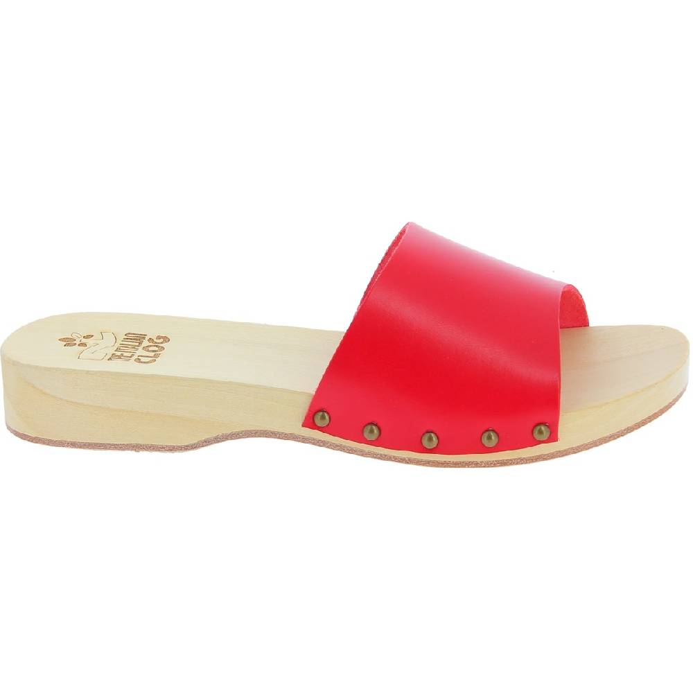 Lartigiano Del Cuoio Zoccoli di legno uomo con fascia larga in pelle rossa artigianali Offerta natalizia