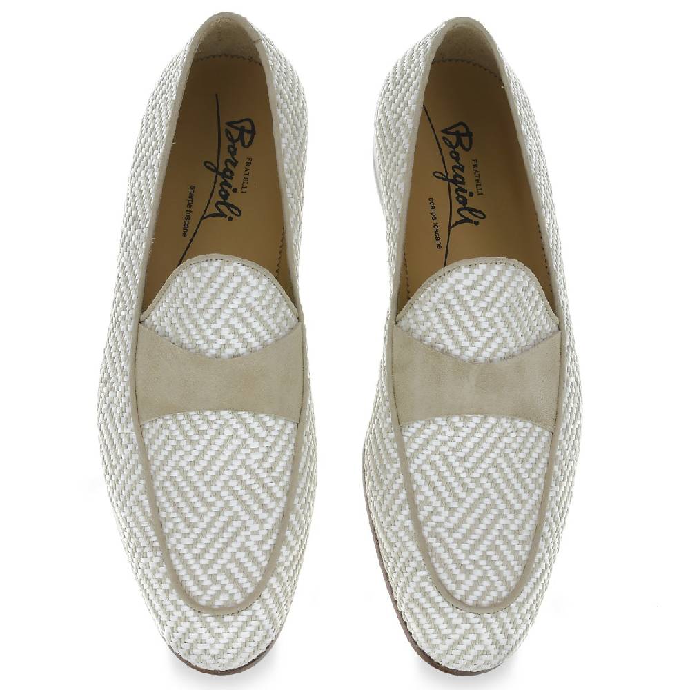 Lartigiano Del Cuoio Mocassino penny in camoscio e tessuto intrecciato bianco e beige Sostegno trimestrale