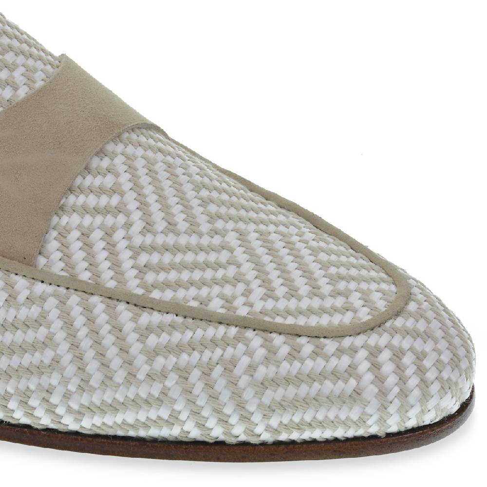 Lartigiano Del Cuoio Mocassino penny in camoscio e tessuto intrecciato bianco e beige Sostegno trimestrale