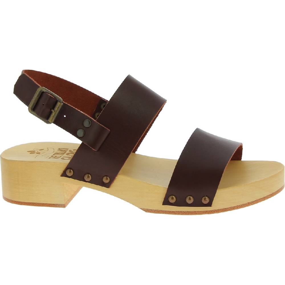 Lartigiano Del Cuoio Zoccoli donna in legno con fasce in pelle marrone scuro Enormi sconti