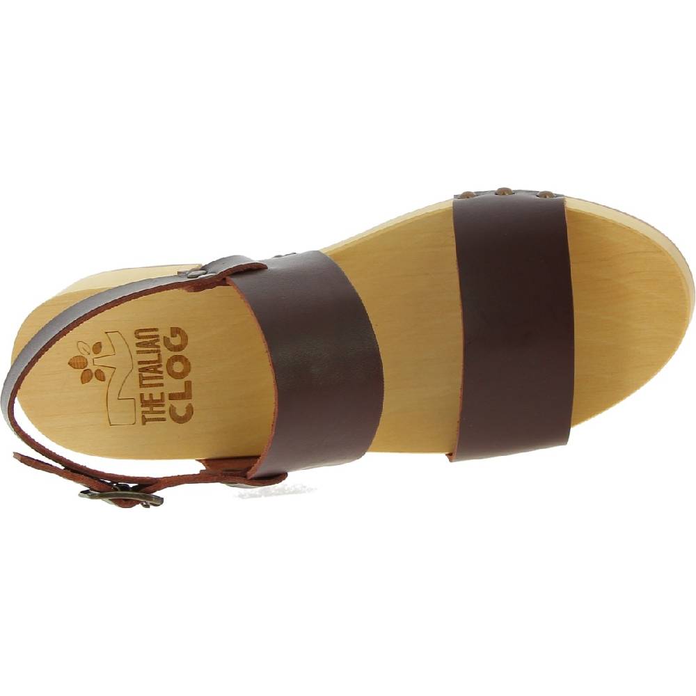 Lartigiano Del Cuoio Zoccoli donna in legno con fasce in pelle marrone scuro Enormi sconti