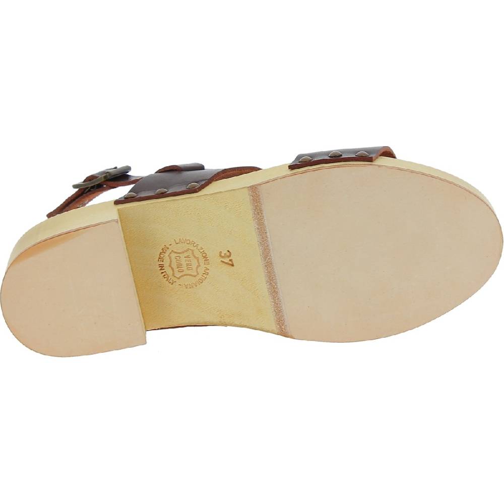 Lartigiano Del Cuoio Zoccoli donna in legno con fasce in pelle marrone scuro Enormi sconti