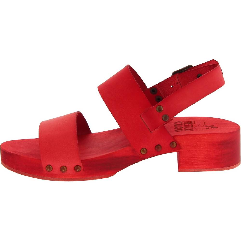 Lartigiano Del Cuoio Sabot donna rosso in legno artigianali con fascia in pelle In vendita
