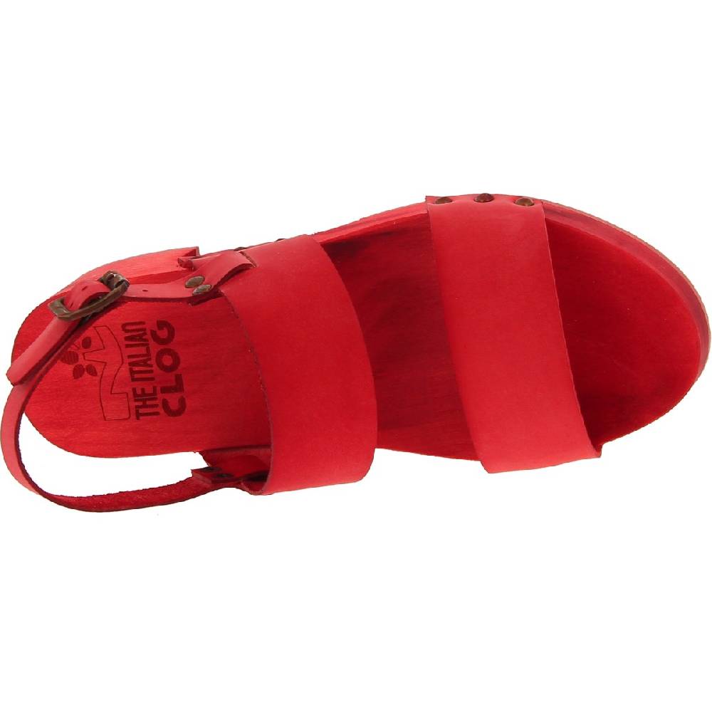 Lartigiano Del Cuoio Sabot donna rosso in legno artigianali con fascia in pelle In vendita