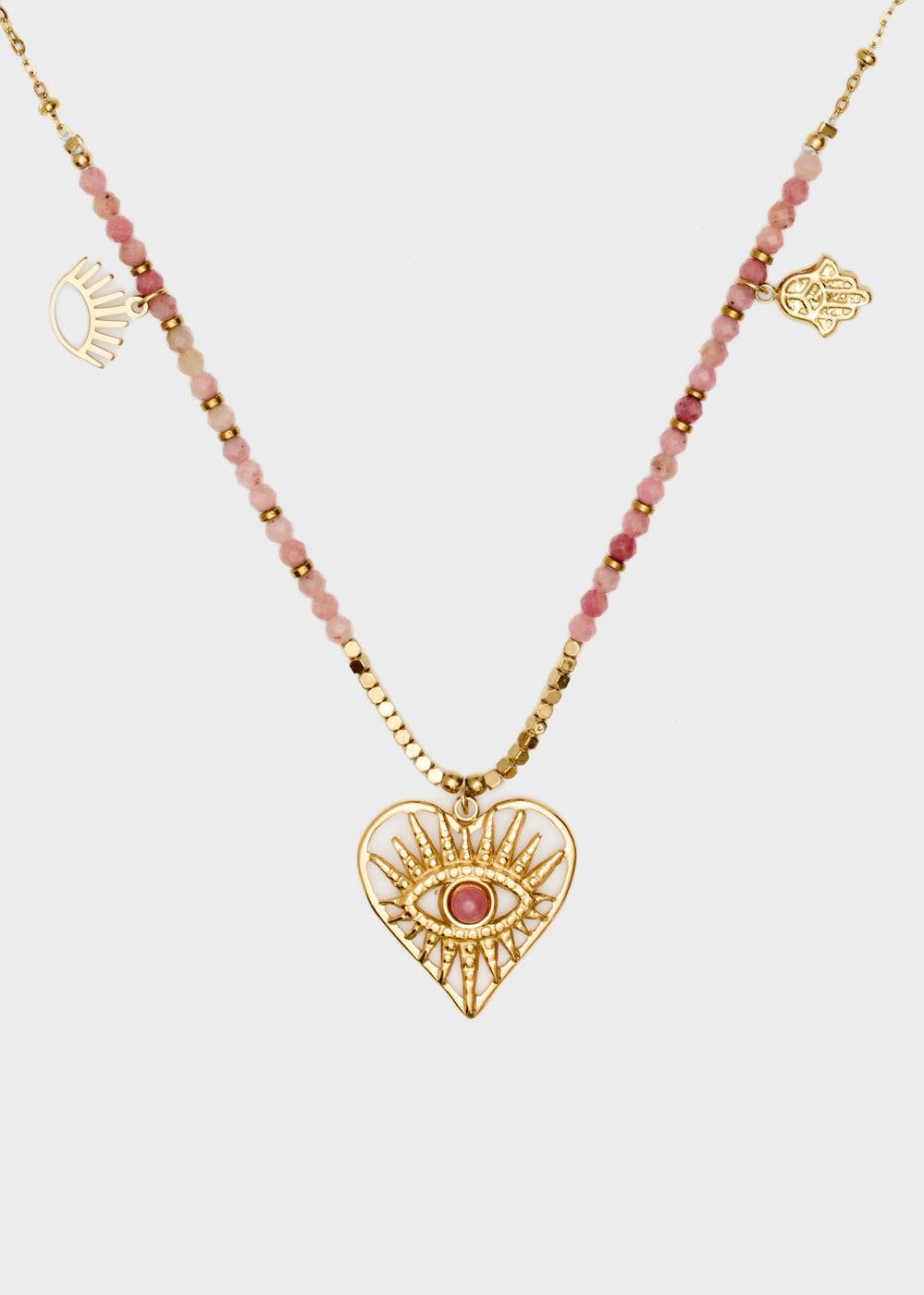 Nalí S.STEEL NECKLACE W/ NAT.STONE+PINK HEART Italy