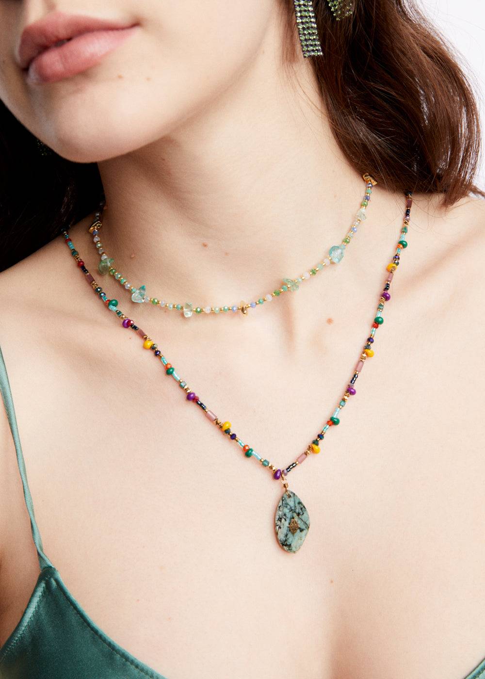 Nalí S.STEEL NECKLACE W/ GREEN NAT. STONE Nuova