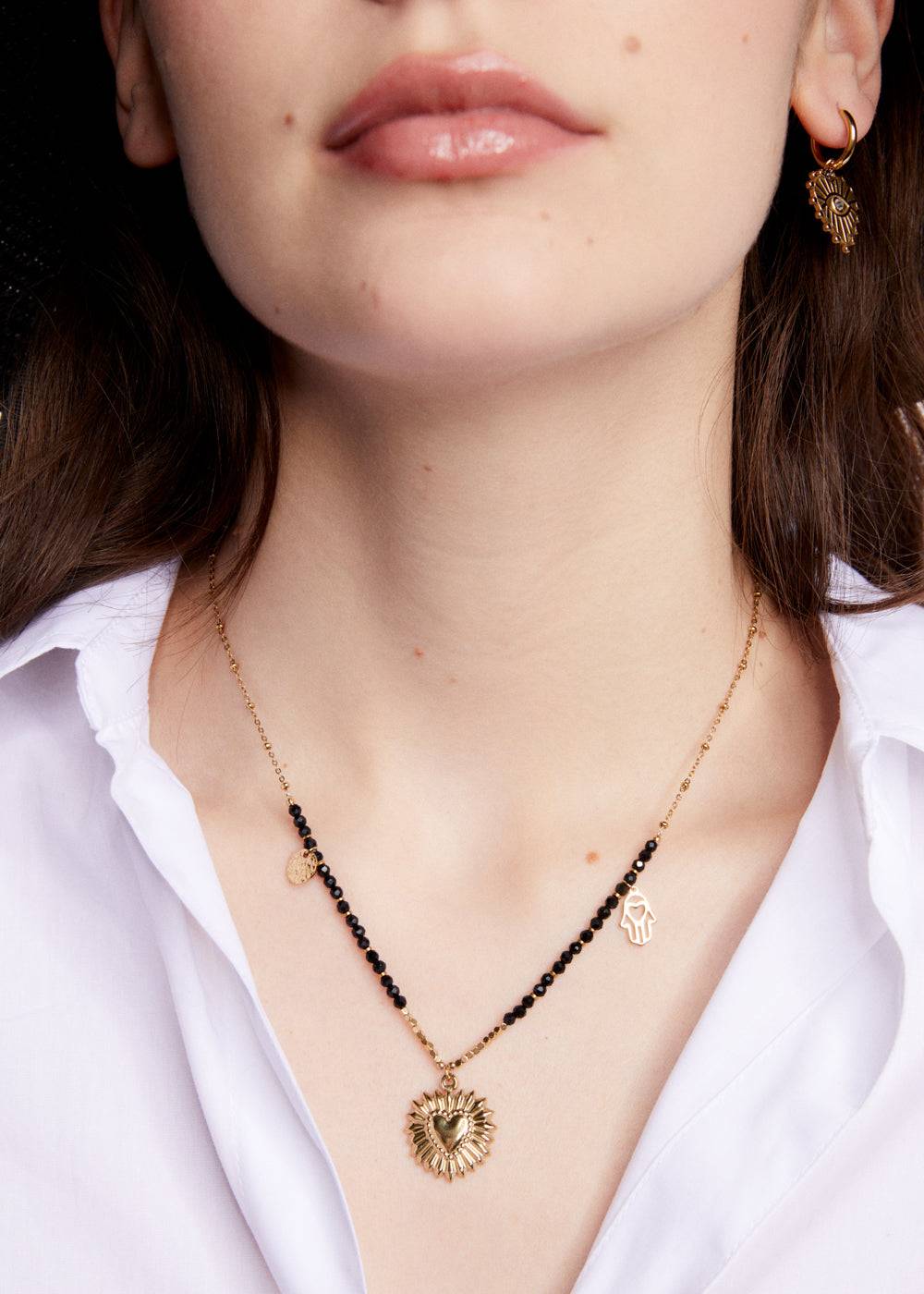 Nalí S.STEEL NECKLACE W/ BLACK AGATE HEART Moda