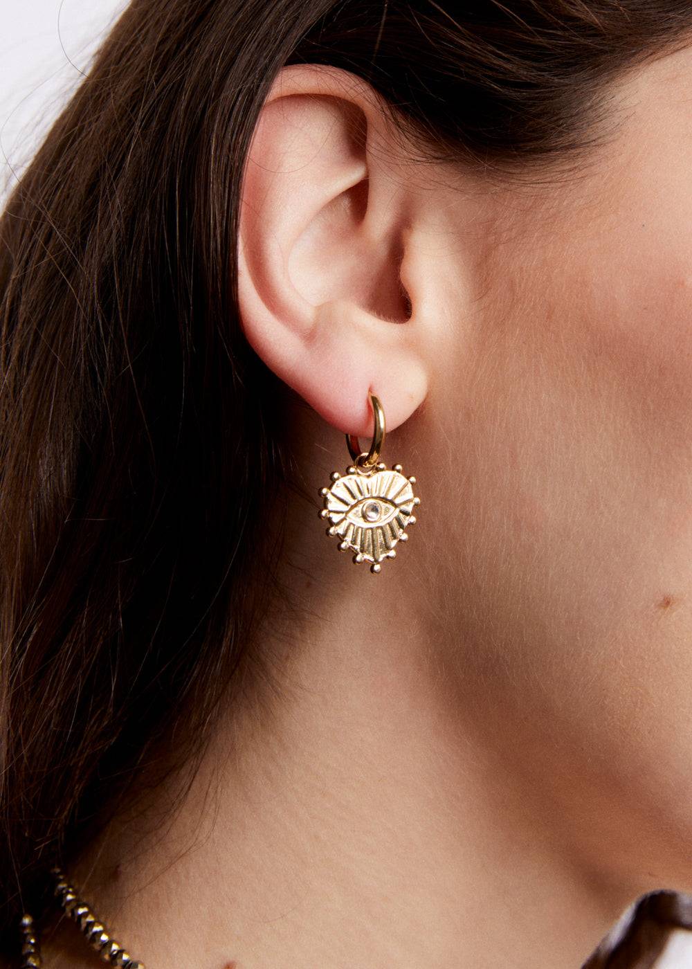 Nalí S.STEEL HOOP EARRINGS W/ GOLD HEART+EYE Spedizione Gratuita