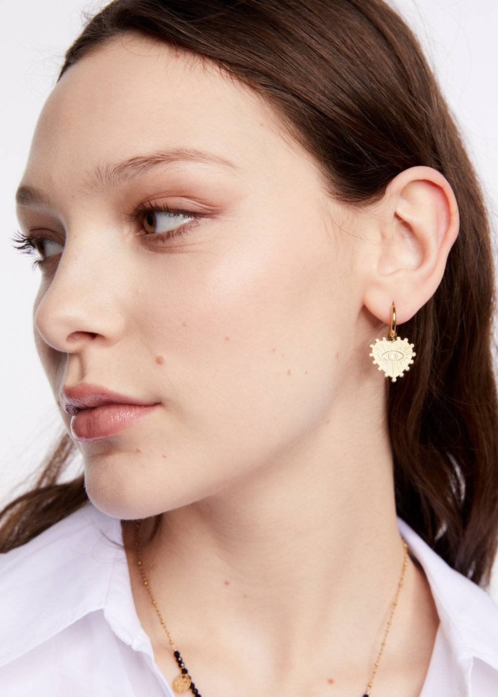 Nalí S.STEEL HOOP EARRINGS W/ GOLD HEART+EYE Spedizione Gratuita