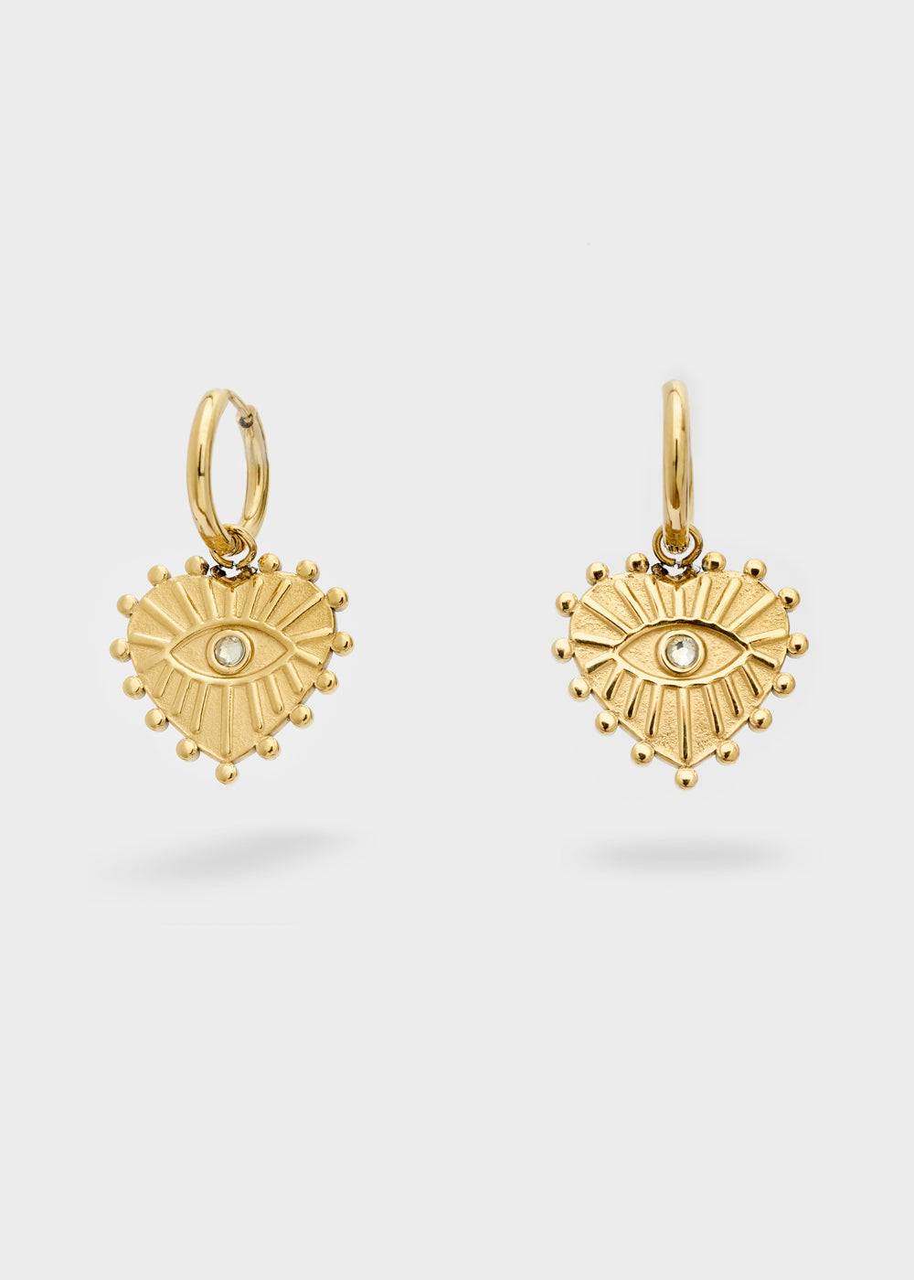Nalí S.STEEL HOOP EARRINGS W/ GOLD HEART+EYE Spedizione Gratuita