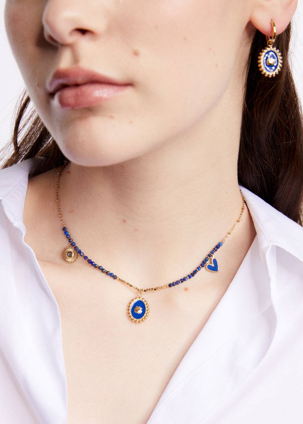 Nalí S.STEEL NECKLACE W/ OVAL BLUE NAT. STONE Qualità Garantita