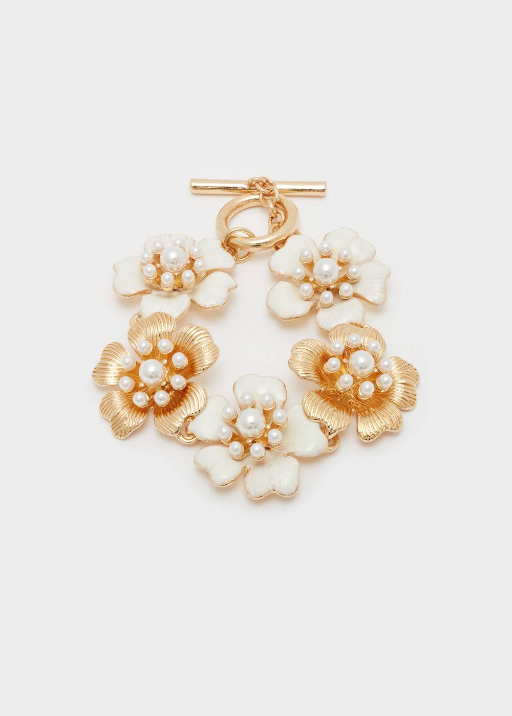 Nalí ENAMEL FLOWER BRACELET IN GOLD W/ PEARLS Fornitura limitata