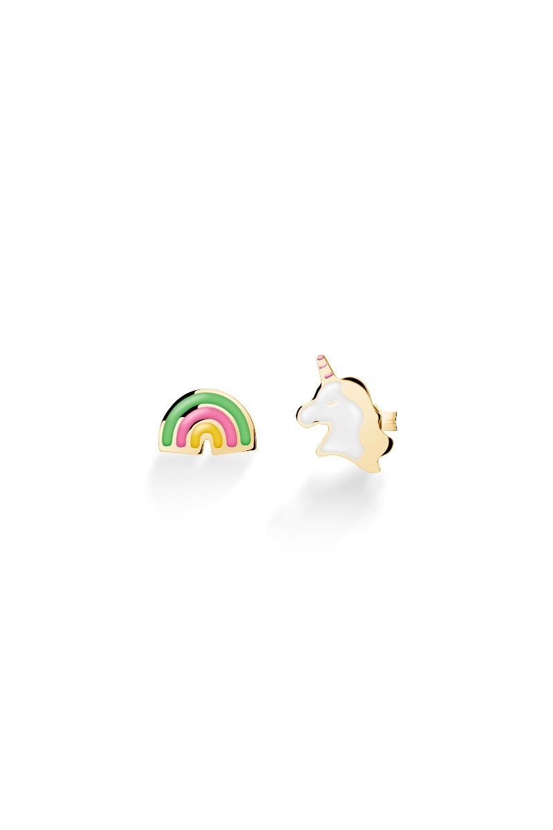 Le Bebé Orecchini Toys con unicorno e arcobaleno in oro giallo Sottocosto