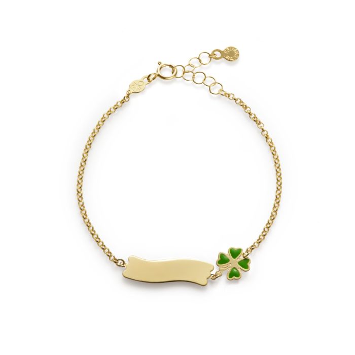 Le Bebé Bracciale Fortuna con quadrifoglio e targhetta in oro giallo