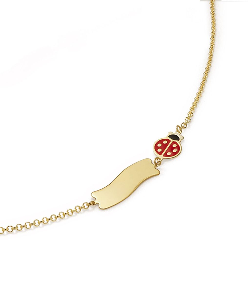 Le Bebé Bracciale Fortuna con coccinella e targhetta in oro giallo Spedizione Gratuita