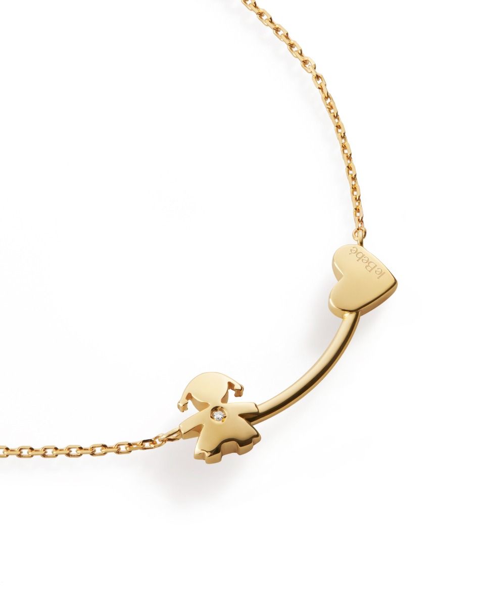 Le Bebé Collana Les Petits con sagoma bimba e cuore, in oro giallo e diamante Nuovo