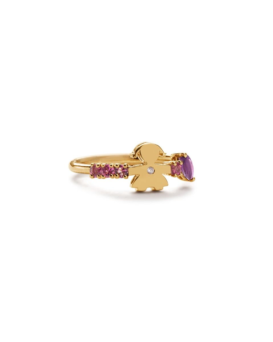 Le Bebé Anello Les Bonbons con sagoma bimba, in oro giallo con ametista, tormaline e diamante Shopping Online