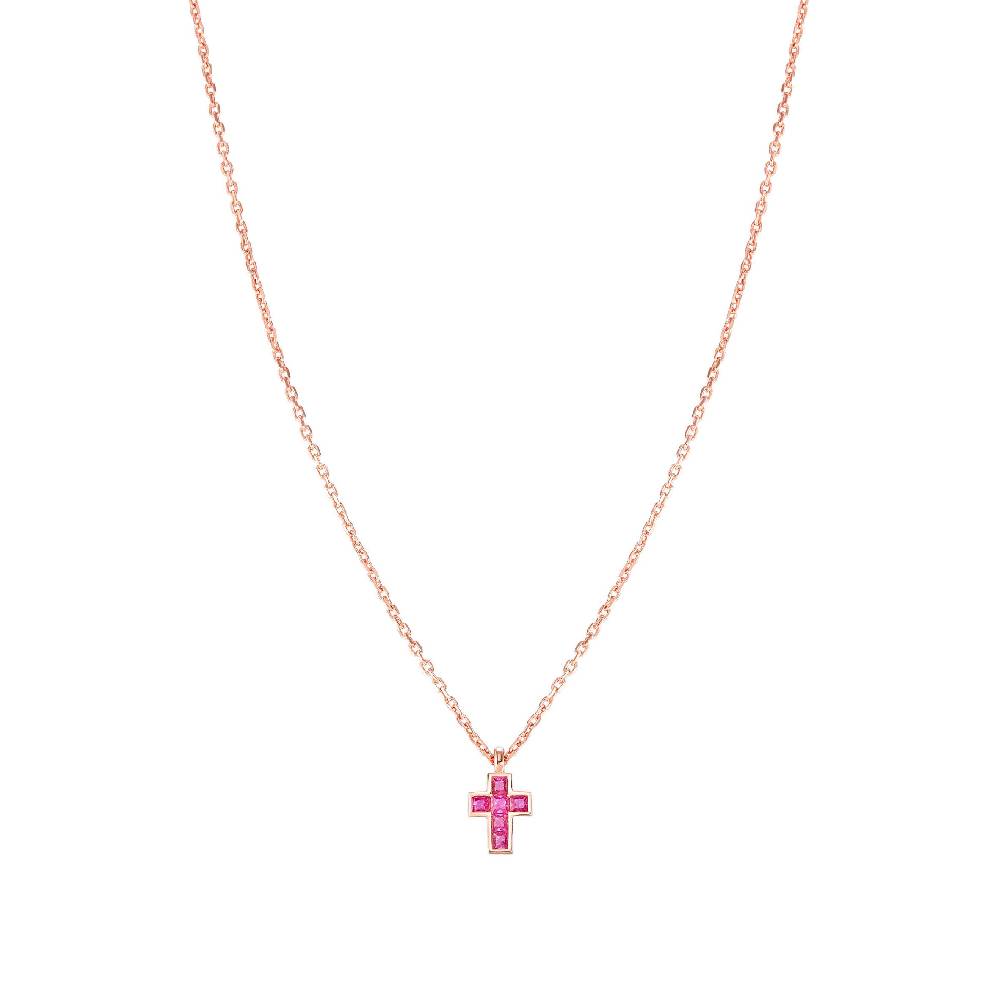 Nomination Collana Carismatica Croce piccola in Oro rosa e Pietre Fucsia In Linea