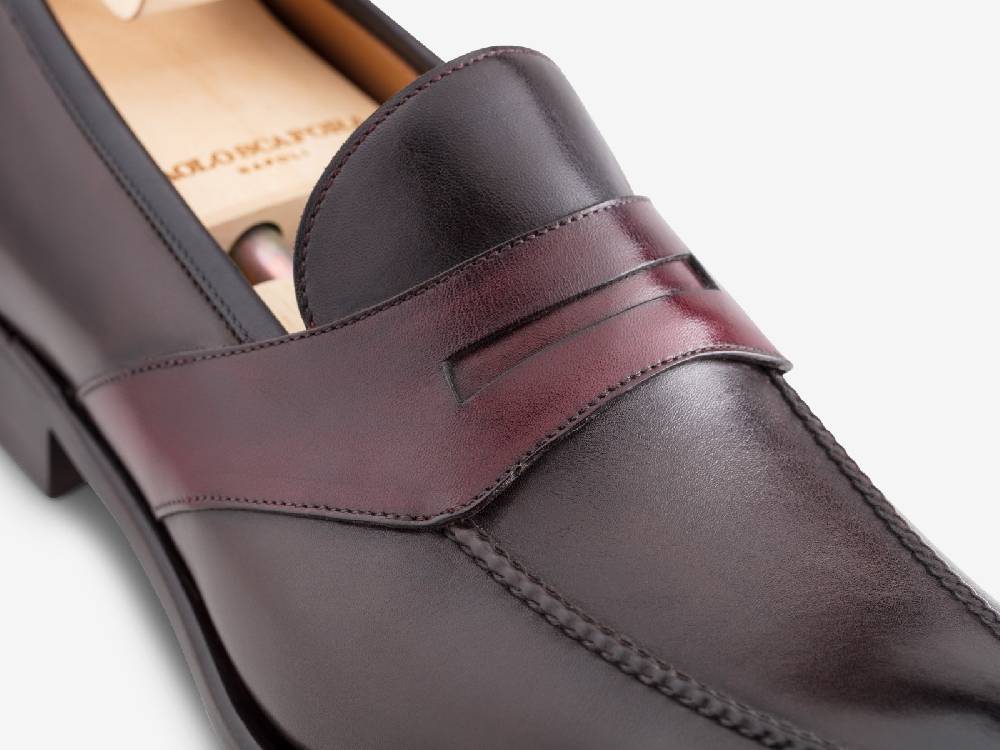 Paolo Sartori ART. 729 Loafer in Antiqued Vietri, Bordeaux and Black Leather Sottocosto