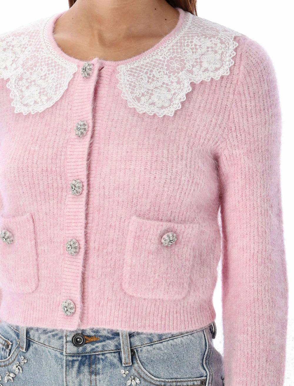 SELF PORTRAIT  Cardigan Angora Rosa con Colletto in Pizzo Self-Portrait 2025
