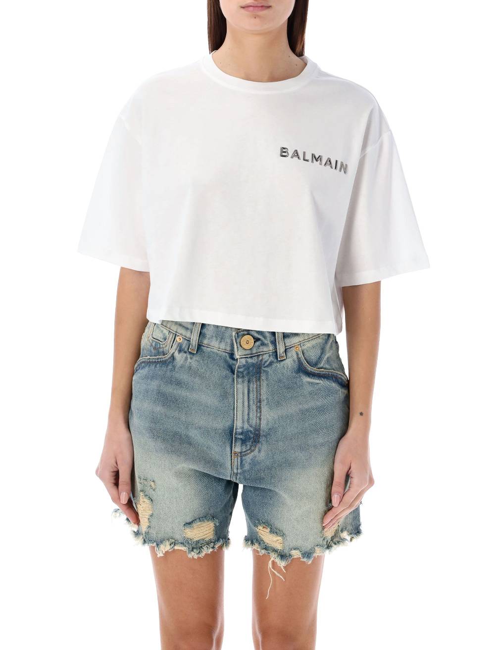 BALMAIN  T-Shirt Corta Balmain con Logo Argento - Cotone Biologico Online