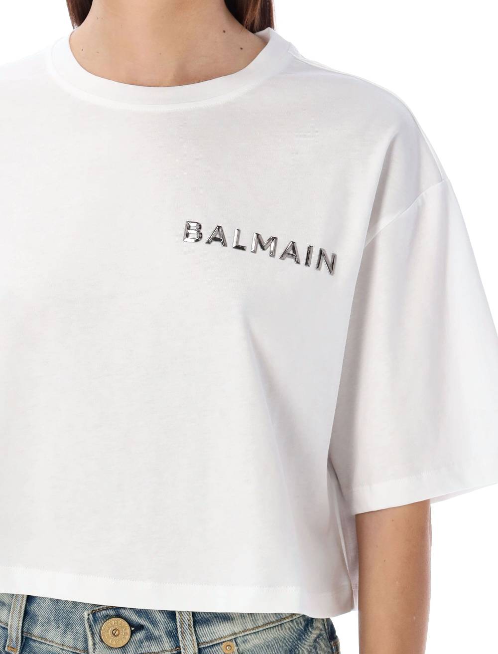 BALMAIN  T-Shirt Corta Balmain con Logo Argento - Cotone Biologico Online