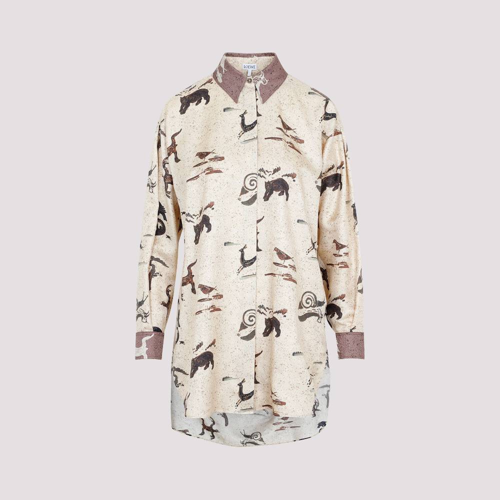 LOEWE  Camicia Oversize da Donna Loewe in Seta Beige con Stampa Animalier Saldi