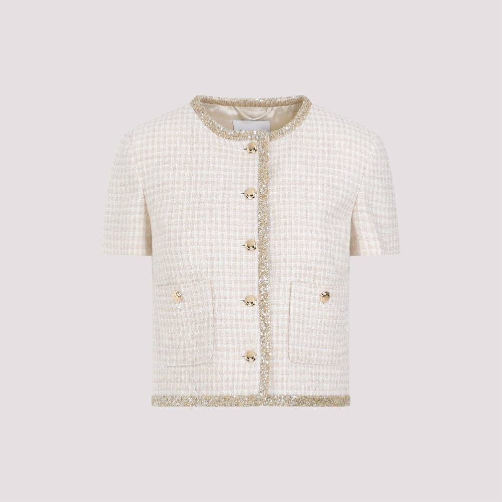 MIU MIU  Giacca in Lana Vergine Pied de Poule Avorio MIU MIU con Bordo di Paillettes Soddisfazione Garantita