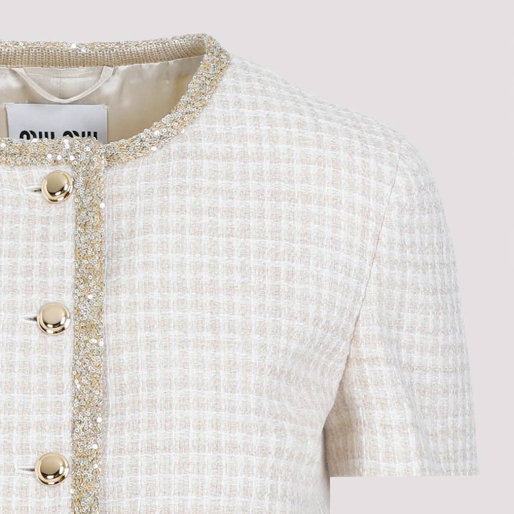 MIU MIU  Giacca in Lana Vergine Pied de Poule Avorio MIU MIU con Bordo di Paillettes Soddisfazione Garantita