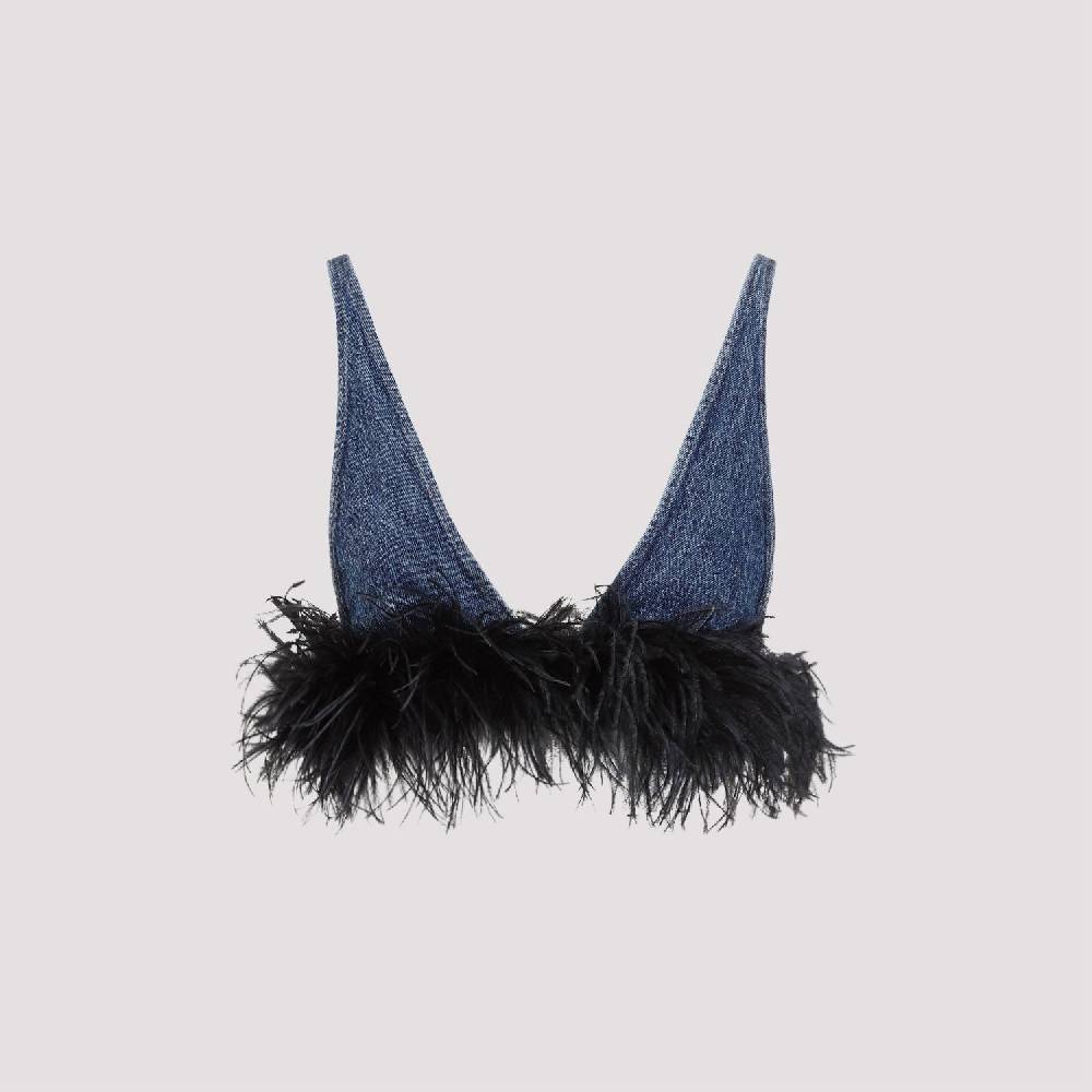 MIU MIU  Top di Cotone Blu con Piume Miu Miu Consegna Veloce
