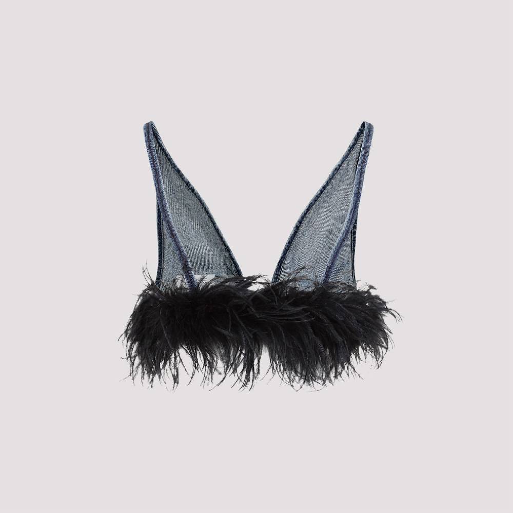 MIU MIU  Top di Cotone Blu con Piume Miu Miu Consegna Veloce