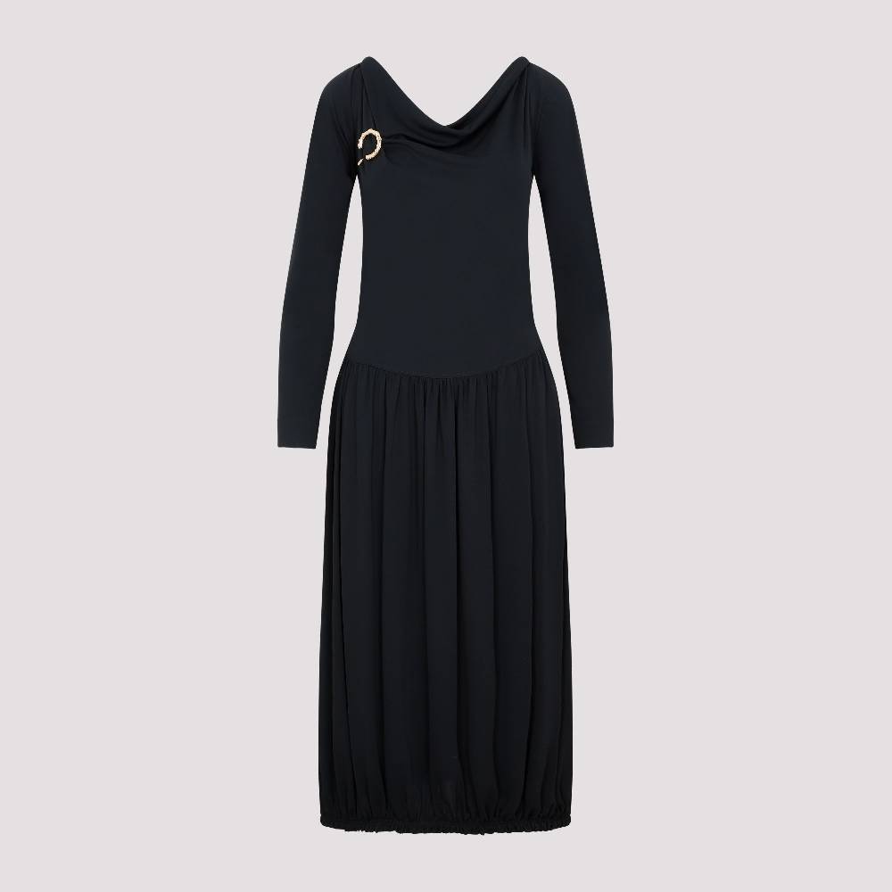 LANVIN  Abito Midi Drappeggiato Nero LANVIN con Spilla Italy