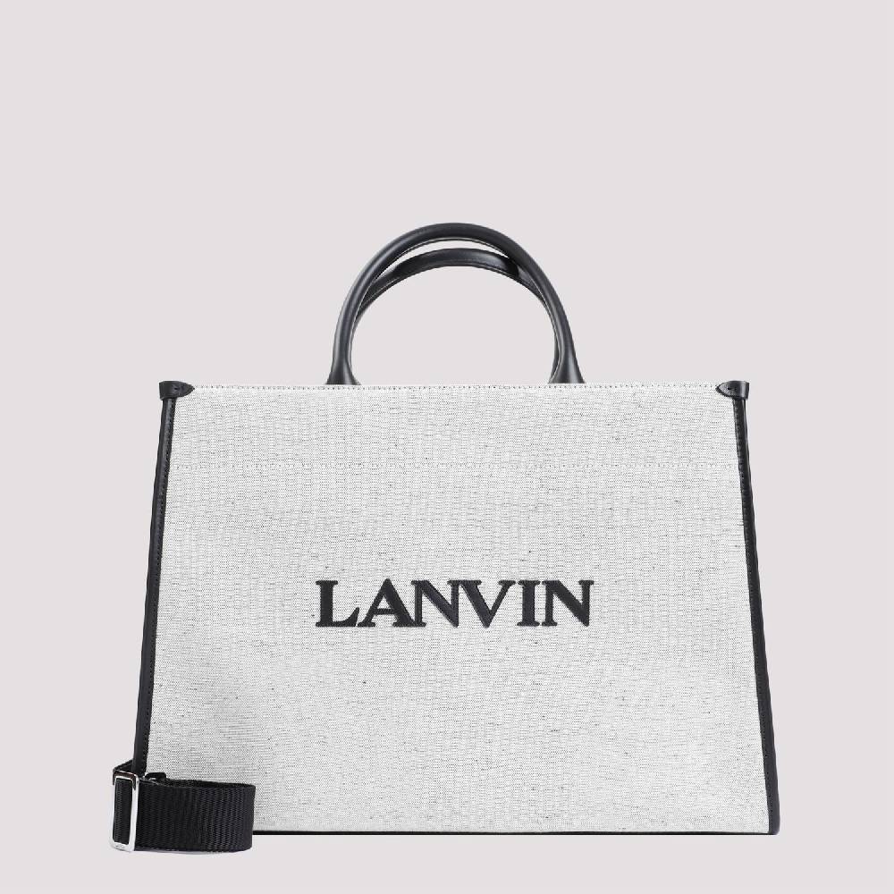 LANVIN  Borsa Shopper Lanvin in Cotone e Lino Grigio con Rifiniture in Pelle Sottocosto