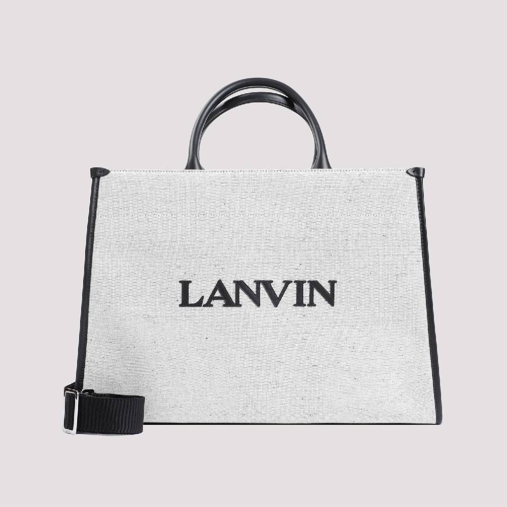LANVIN  Borsa Shopper Lanvin in Cotone e Lino Grigio con Rifiniture in Pelle Sottocosto