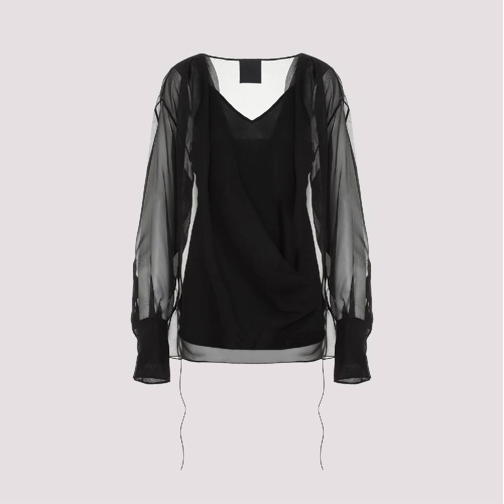 GIVENCHY  Camicia Nera in Seta Drappeggiata Givenchy con Lacci Laterali Vendita Economica