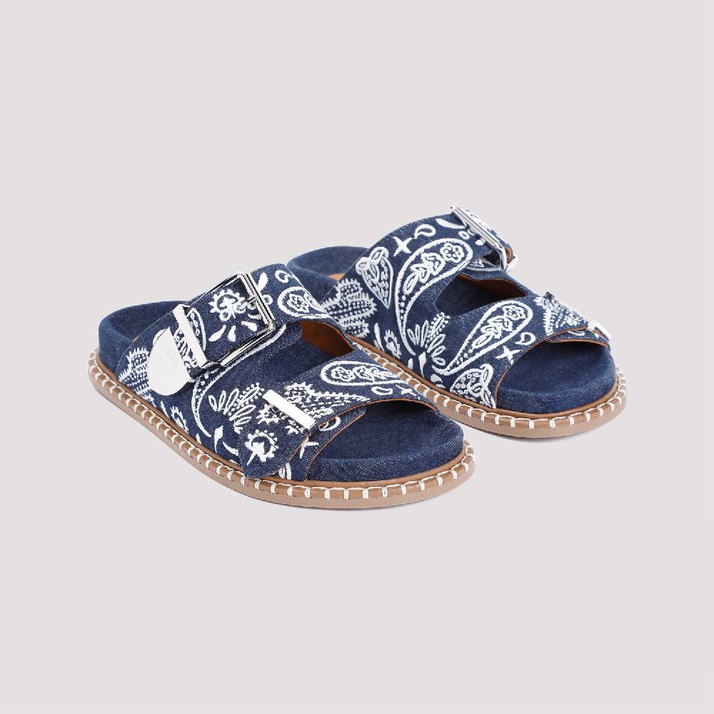 CHLOÉ  Sandali Bassi Chloe in Cotone Blu Ricamato Offerta San Valentino