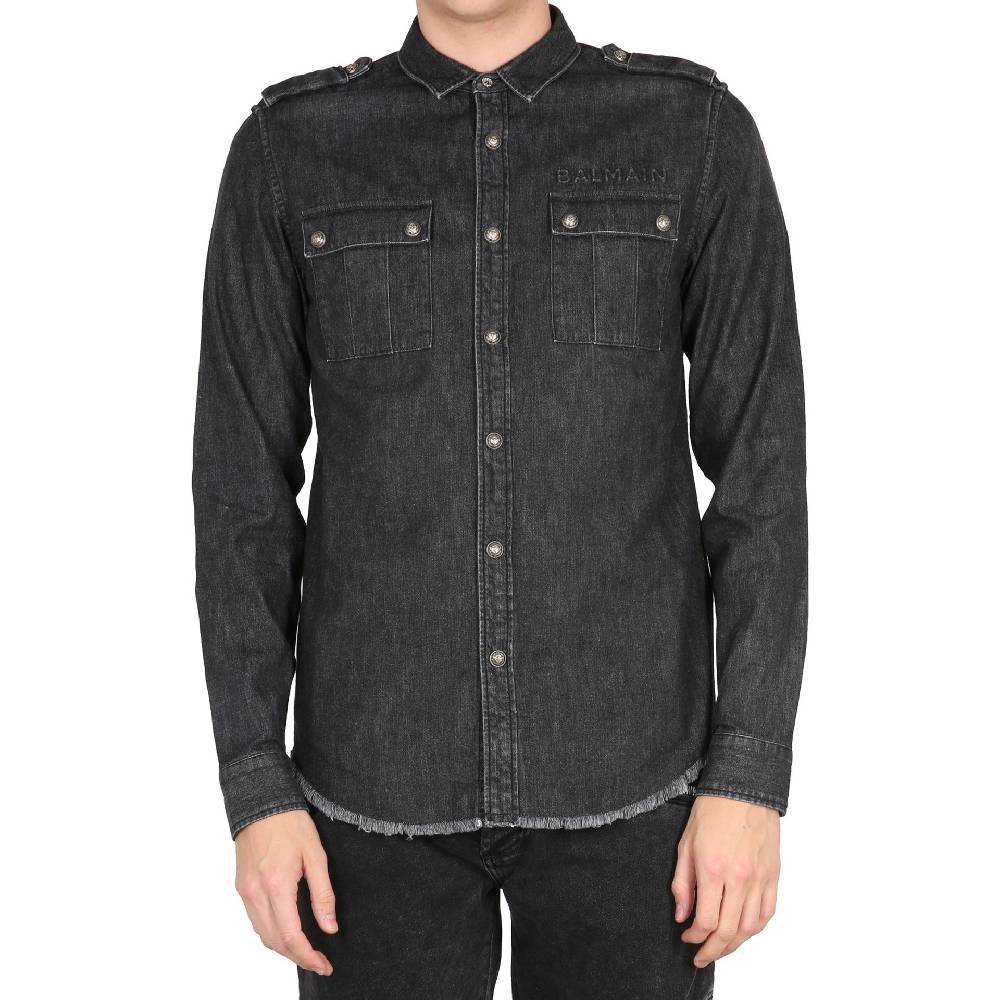 BALMAIN  Camicia Denim Nera Balmain da Uomo - 100% Cotone con Frange Novità