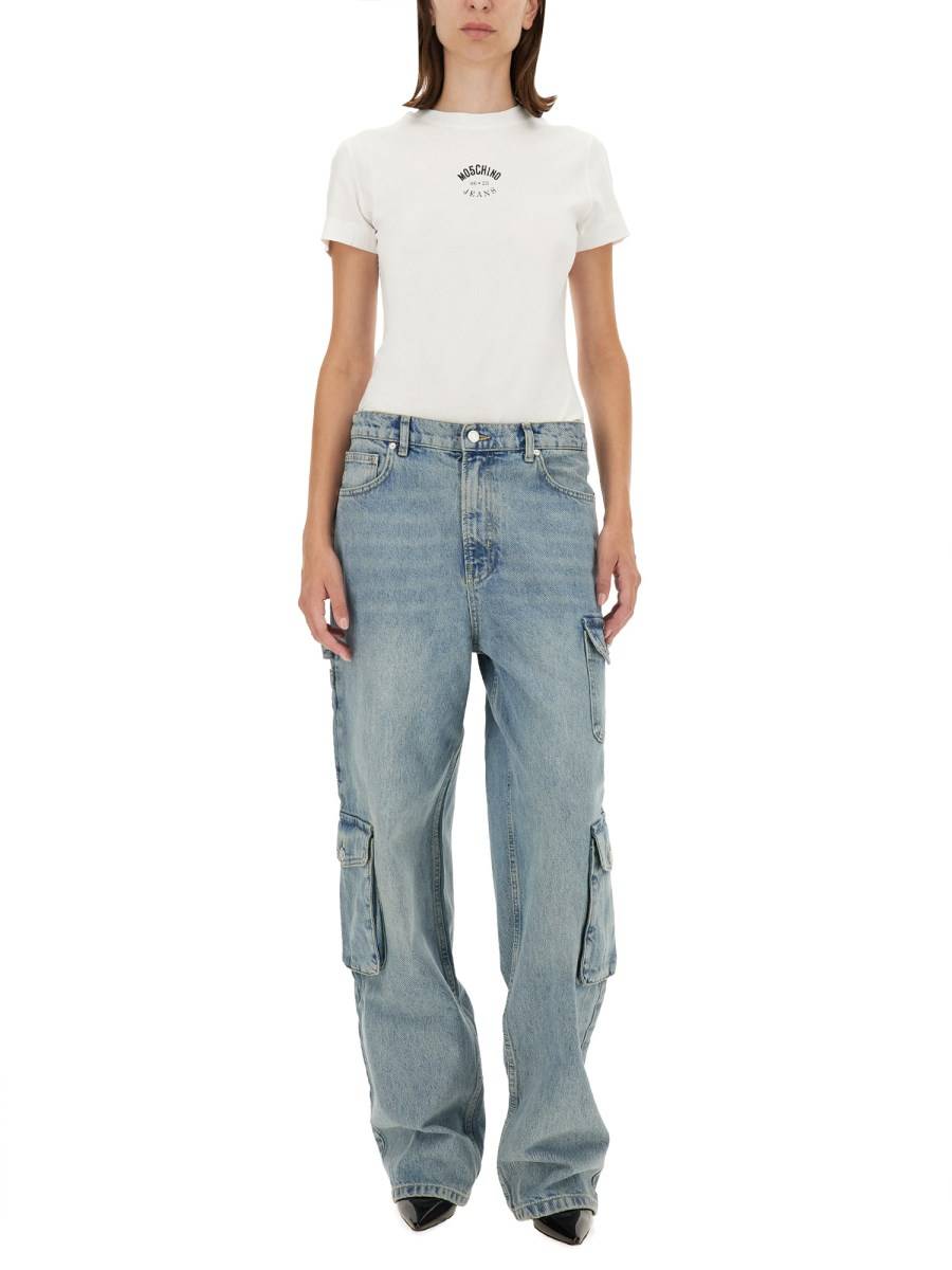 MOSCHINO JEANS T-SHIRT IN JERSEY DI COTONE CON STAMPA LOGO Fino Al -60%