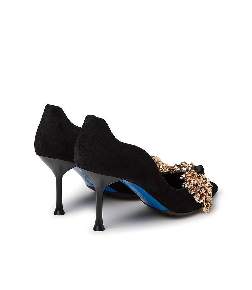 Loriblu Décolleté onda in camoscio nero con fiocco full metal oro Smaltimento dello stoccaggio