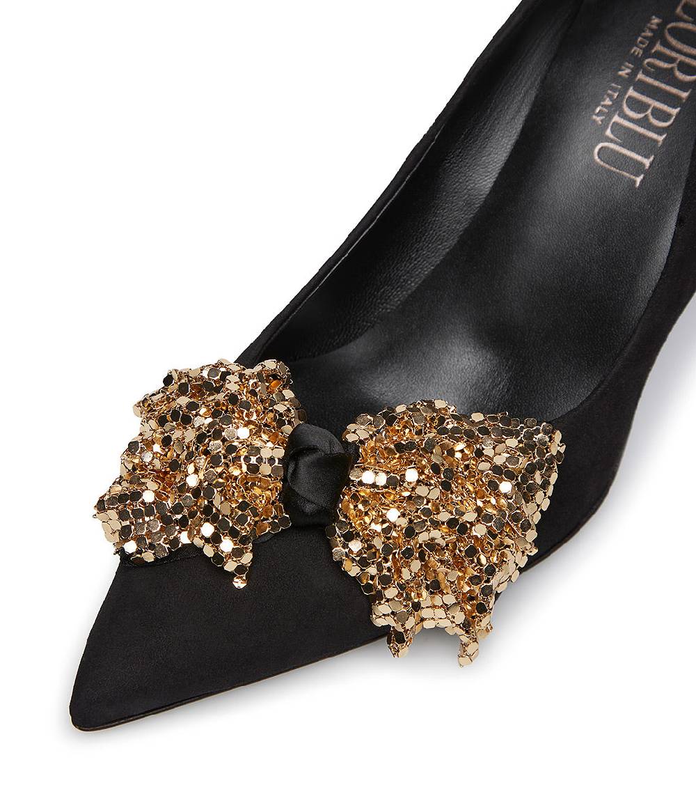 Loriblu Décolleté onda in camoscio nero con fiocco full metal oro Smaltimento dello stoccaggio