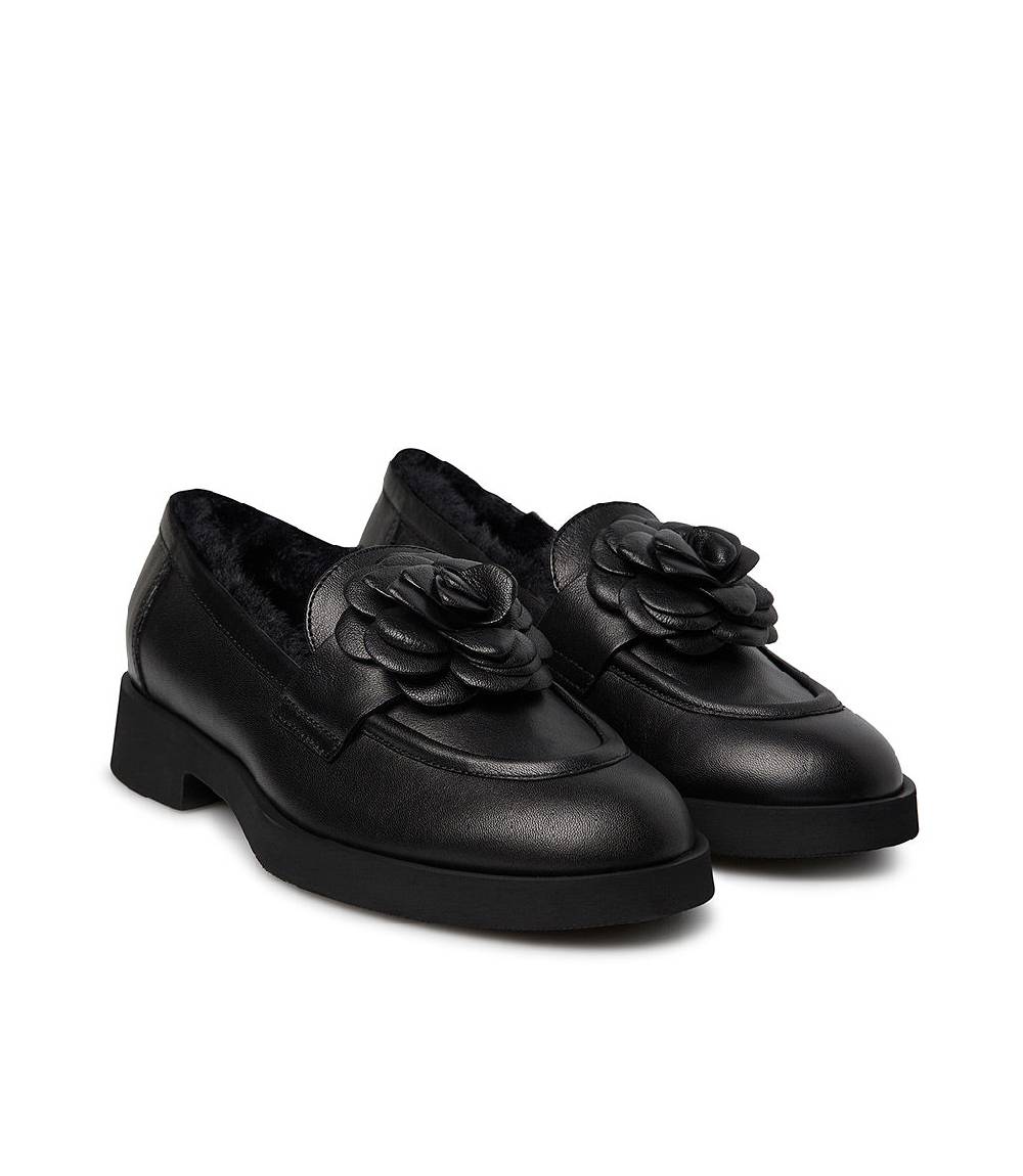 Loriblu Mocassino in nappa nero con fiore e fodera shearling Economico