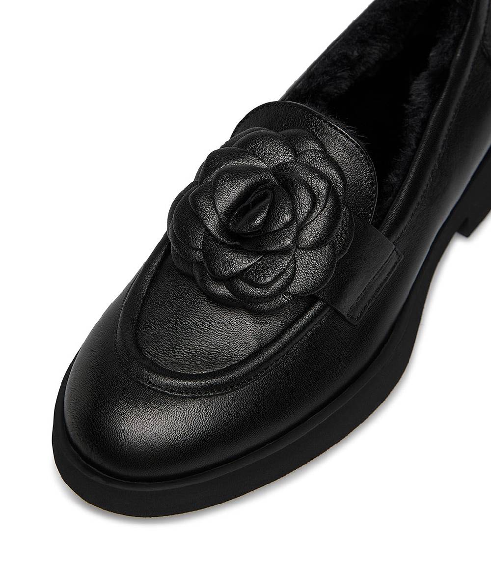 Loriblu Mocassino in nappa nero con fiore e fodera shearling Economico