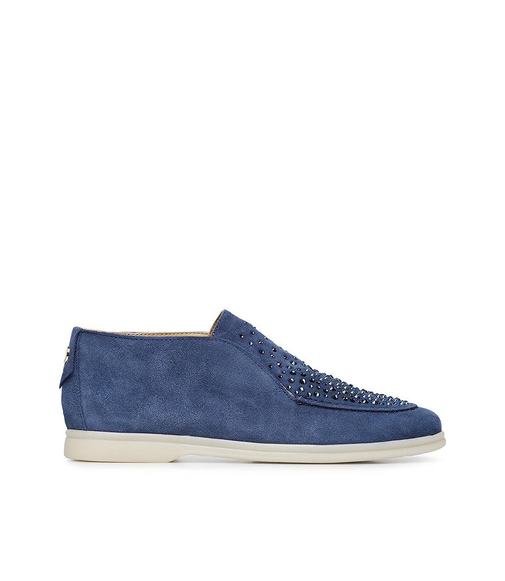Loriblu Mocassini in pelle scamosciata blu avio con cristalli Italia