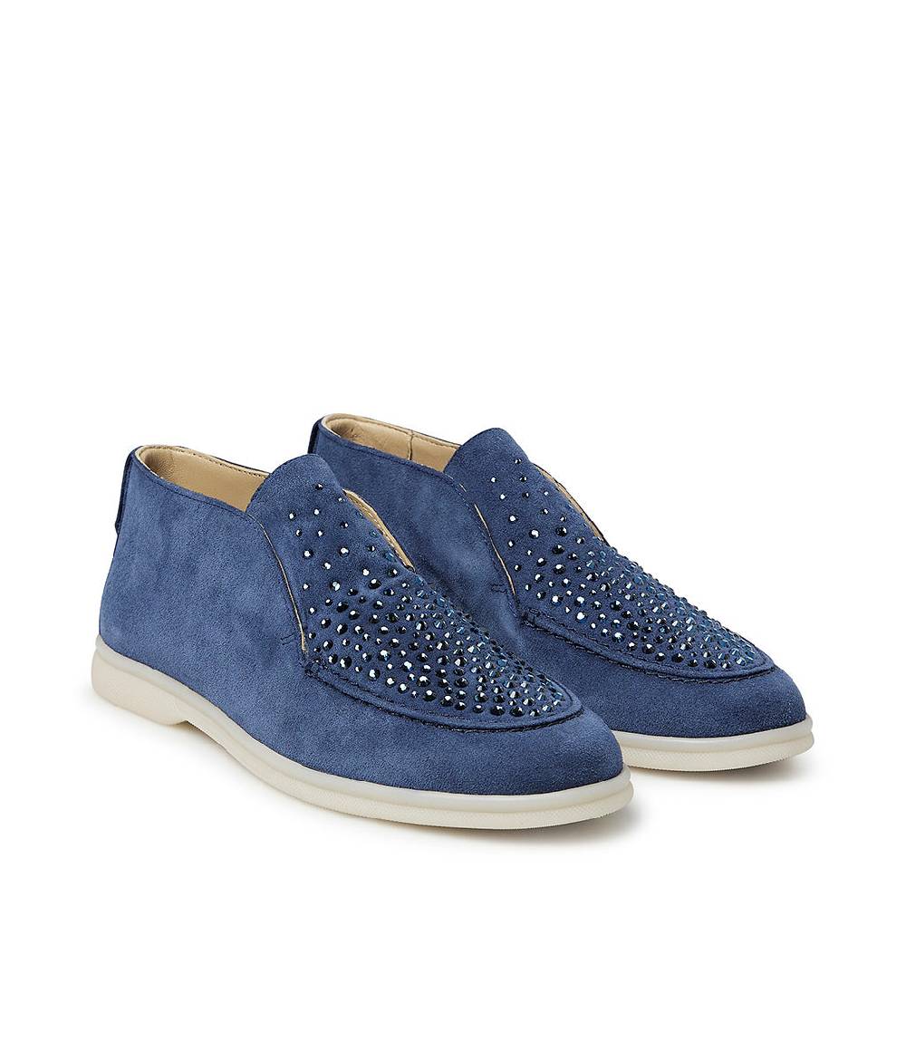 Loriblu Mocassini in pelle scamosciata blu avio con cristalli Italia